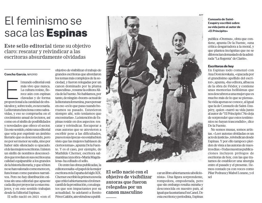 EdEspinas's tweet photo. "La intención de Espinas reside en dos aspectos: rescatar y reivindicar. Recuperar a esas autoras que se atrevieron a escribir pese a las dificultades, pues en sus épocas no estaba bien visto que las mujeres hablasen de ciertos temas". Gracias @larazon_es 
https://t.co/dUpqL8JdWS https://t.co/AVHkjeJfVG