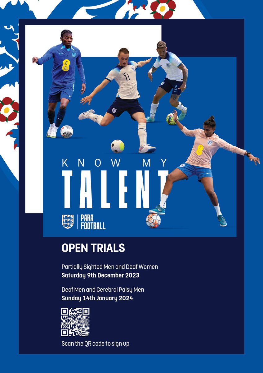 🦁 Think you have what it takes to become a Para Football Player for England?

Trials for the following teams will be taking place at St Georges Park in December and January!

Register your interest today 👉 rb.gy/oj7tx