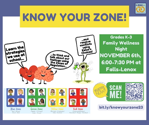 Join us on November 6 at Falls-Lenox and enjoy quality time with your K-3 child while learning the language we use at school to think and talk about feelings and resolve conflicts! Register at bit.ly/knowyourzone23, or scan the QR code. #TheBulldogWay <a href="/flbulldogs/">Falls-Lenox Primary School</a> <a href="/eccbulldogs/">Early Childhood Ctr</a>