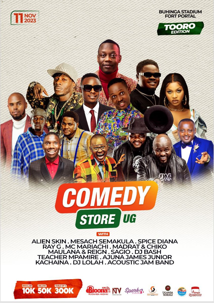 AbookiMaggie's tweet photo. Its almost here guys, now check out the performance Line-up to spice up #ComedyStoreInFortPortal for you this 11th November at Buhinga Stadium.
You canβt miss this hurry and book a table of 5 at only 300k πΊπΌ
Entrance :10k ordinary
50k VIP https://t.co/U1OIQB8UXb
