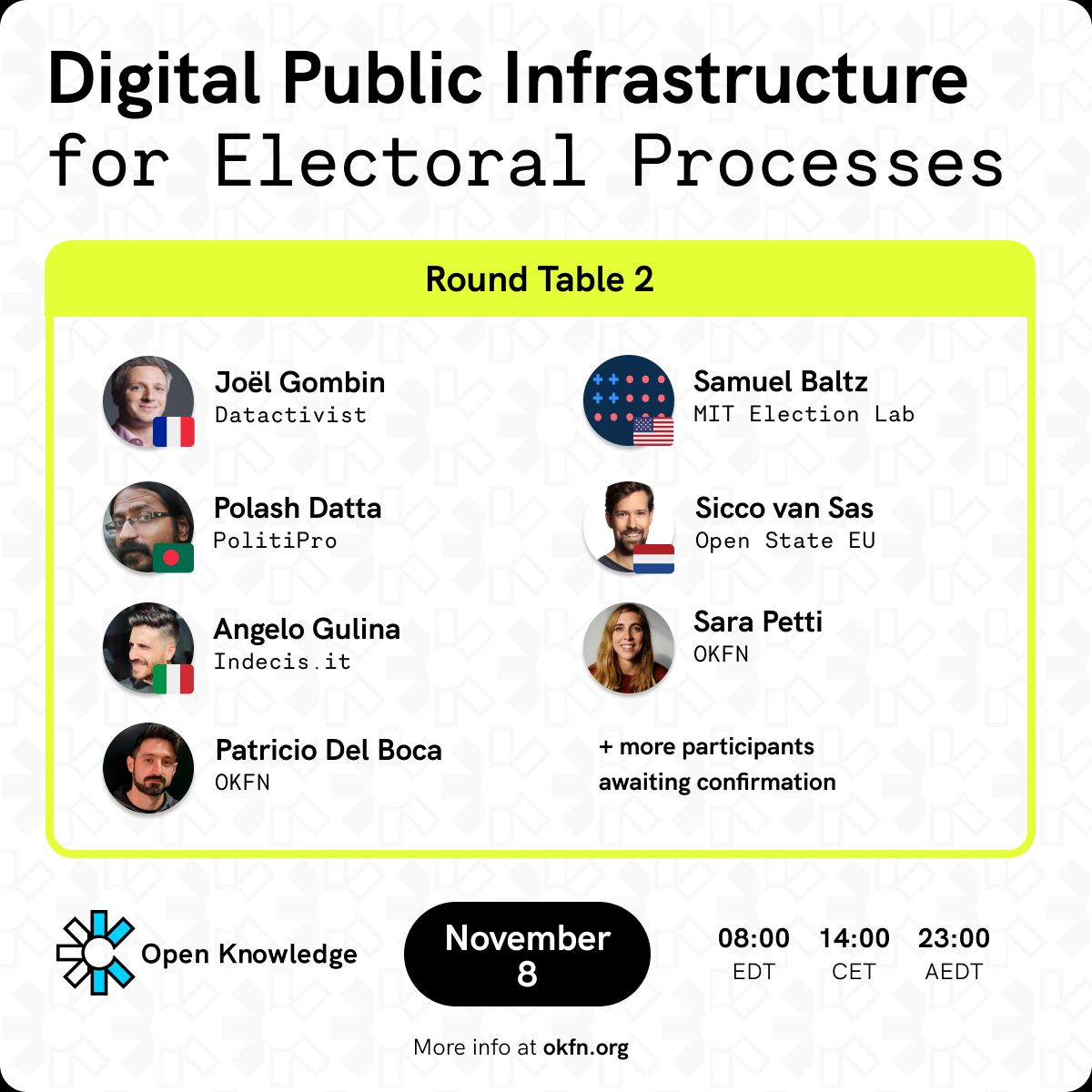 OKFN's tweet image. Get ready for the next round! Next Wednesday we will hold the second round table to share experiences around electoral technologies, debating projects from around the globe 🌐

🔗 Register now us02web.zoom.us/meeting/regist…

#DPIElections
#OpenElections
#DigitalPublicInfrastructure