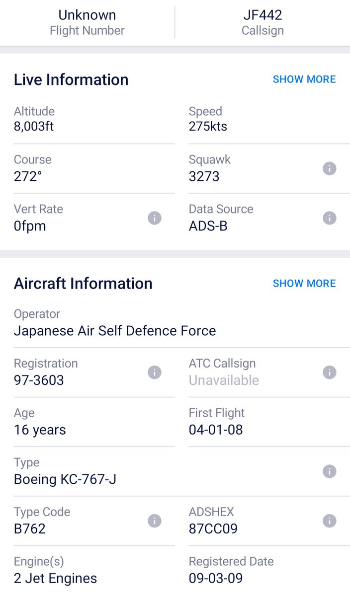 Borrowed7Time's tweet photo. Japan: JASDF KC-767-J 97-3603 #87CC09 as JF442 departed Amman, tracking over West Bank &amp; descending to Tel Aviv https://t.co/VhojyF4bha