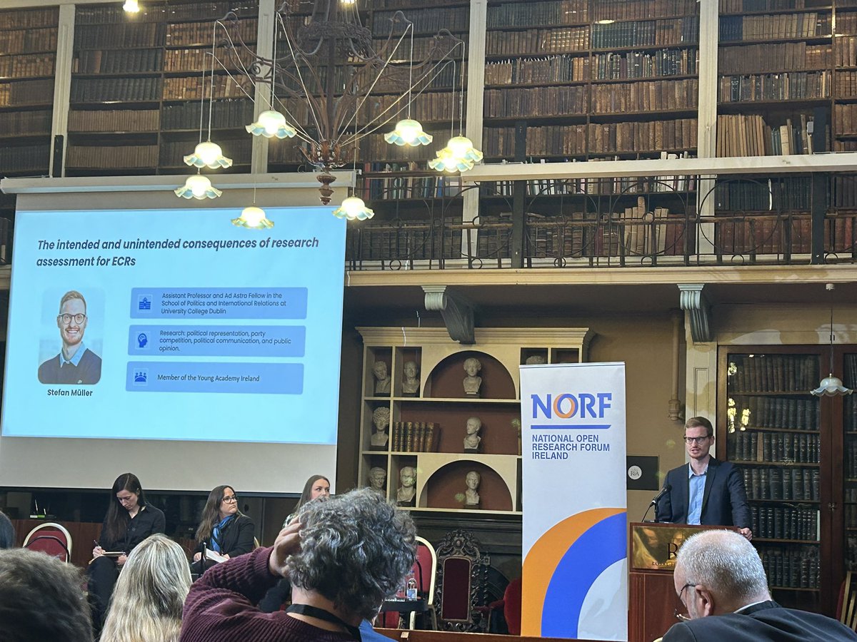 Dr Stefan Müller, UCD on ‘The intended & unintended consequences of research assessment for ECRs’. Sharing data & code can seem risky before one’s career is established. Training is needed on DORA-compliant research promotion for both ECR grant applicants & reviewers #NORFest2023