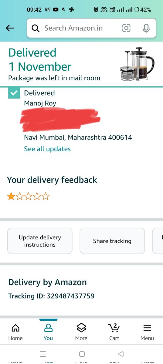 taureanator's tweet photo. @amazonIN 
Order placed on 30/10/23. Scheduled delivery 31/10/23. Out for delivery at 9:01 AM on 31st but not delivered. Resched for 01/11. No notification, but the status is 'package left in the mail room'. Order not received. What kind of scam is this? https://t.co/KDgvi6NtdR