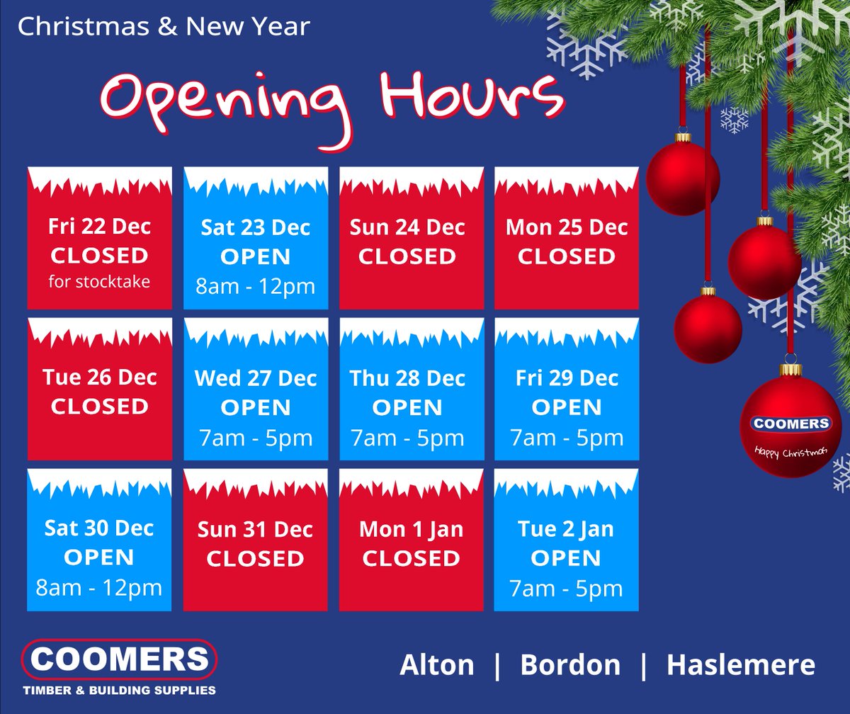 Coomersltd's tweet photo. Happy December! Save our Xmas opening hours now - you never know when you may need them! Customers were delighted to find us open between Christmas &amp; New Year last year when they had emergencies and needed urgent supplies! ❄️
#christmas #buildingsupplies #alton #bordon #haslemere https://t.co/7qyOKnUbzz