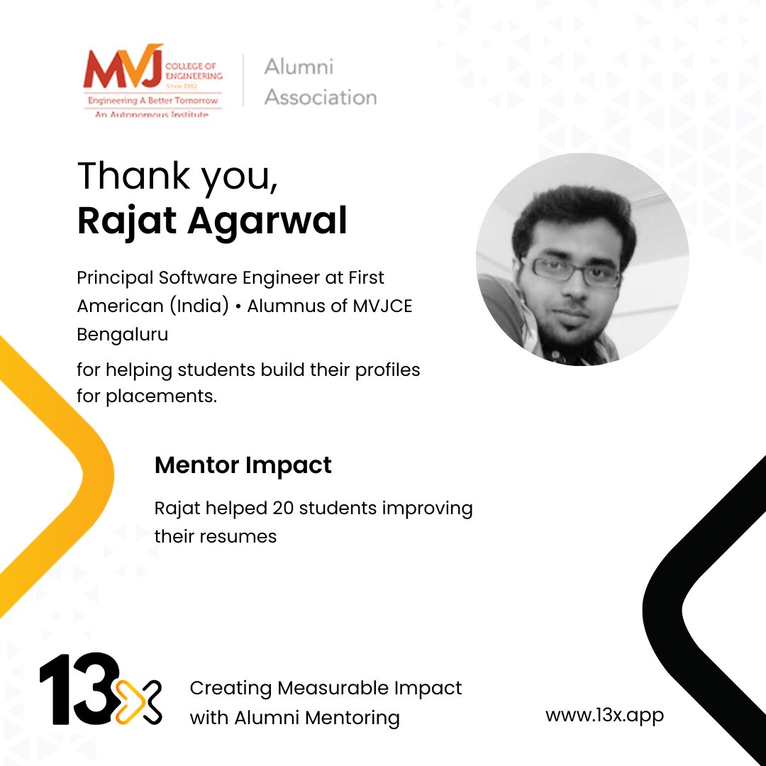 13xbyVaave's tweet photo. Today, we're thrilled to highlight #Alumni Mentor Rajat Agarwal, alumnus of #MVJCE

In our recent #mentoring program, Rajat reviewed the resumes of 20 students. His alma mater played a crucial role in shaping his path, and now he's giving back to the next generation of engineers. https://t.co/PnnT33M1is
