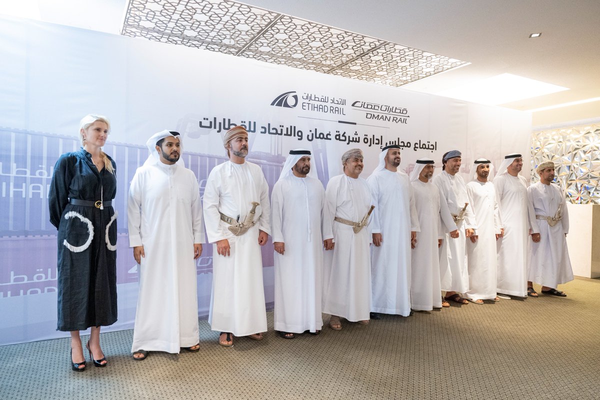 Etihad_Rail's tweet photo. H.H. Sheikh Theyab bin Mohammed bin Zayed Al Nahyan, Chairman of the Board of Directors of Etihad Rail, has attended the Board of Directors meeting for Oman and Etihad Rail Company (OER), in Muscat. The board discussed key project milestones, achievements, and innovative integrated logistics and engineering solutions for the project that will link Sohar Port with the UAE National Railway Network.
