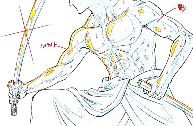 アニメーターは原画の時、黒の実線で描く以外にいくつか色を指定します。具体的には影やハイライトなどを、線の色を変えて指定しています。ポイントはともかく分かりやすく描くことです。