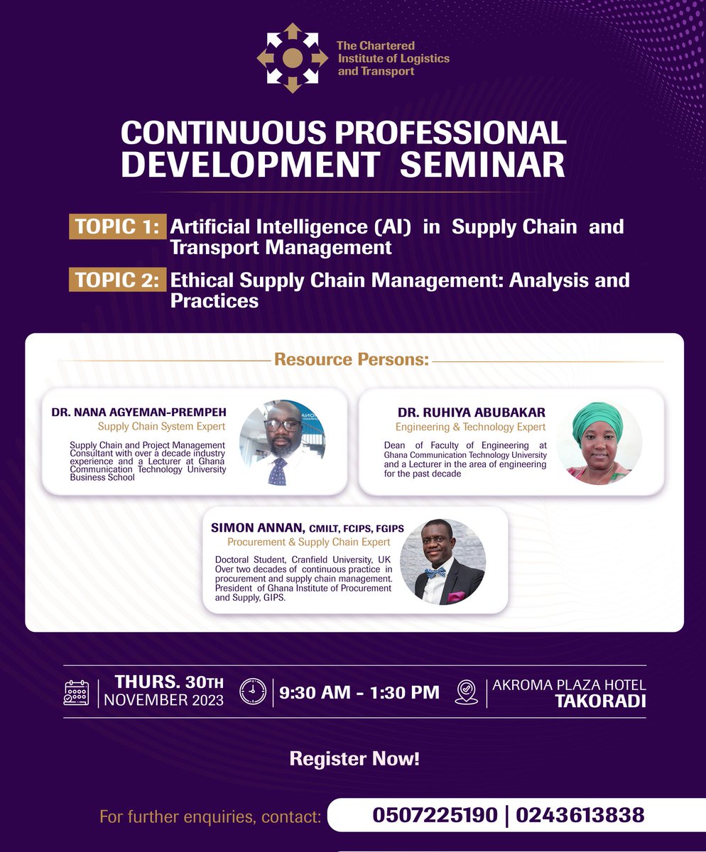 We are still counting down||Takoradi's ready to host CILT Ghana🇬🇭||Register to participate in the Seminar and 2023 AGM.

Follow the link for more details and to register online:
 ciltgh.org/event-director…