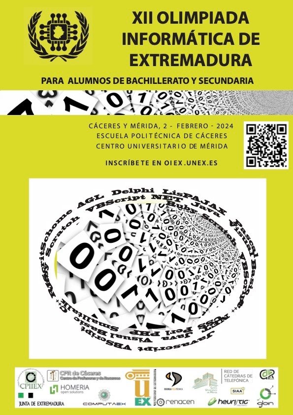 XII Olimpiada Informática de Extremadura en <a href="/EPCC_Unex/">Escuela Politécnica CC</a>  y <a href="/CUMe_UEx/">CUMe_UEx</a>  de <a href="/infouex/">UEx</a>. Dos pruebas: programación e ingenio. Más info en oiex.unex.es