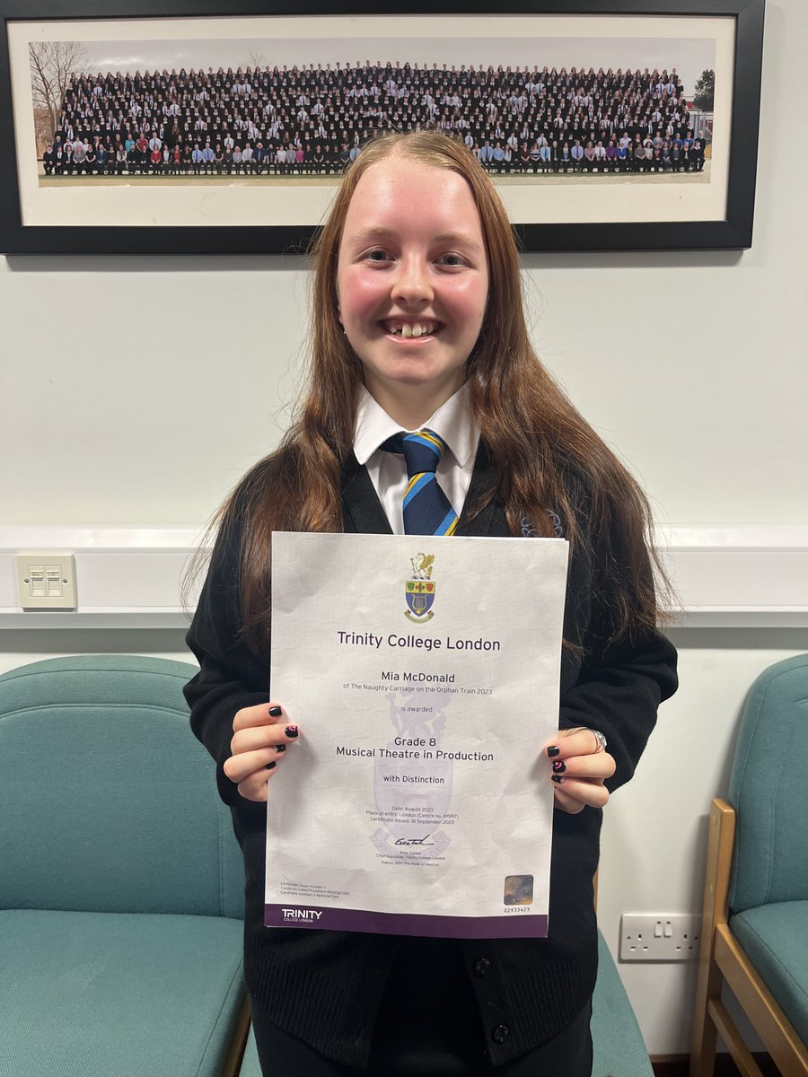 MintlawAcademy's tweet photo. Well done to Mia in S2 who recently received a distinction in Grade 8 Musical Theatre Production from Trinity College London.  Mia received this after being involved in a week-long production in Dundee of 'The Naughty Carriage on the Orphan Train'.  Well done Mia 👏 https://t.co/QhvD3N7j9r