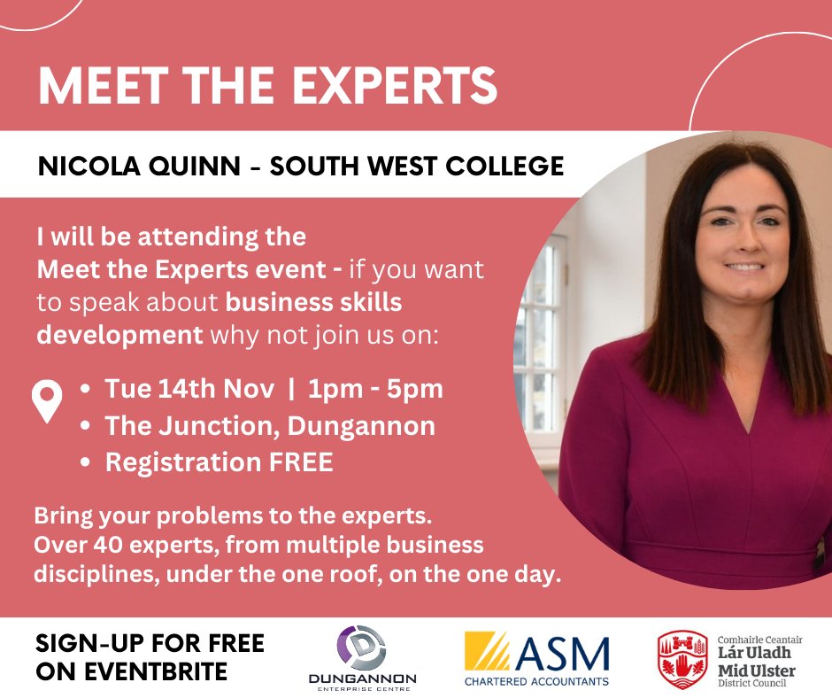 Nicola Quinn Business Development and Skills Manager will be attending ‘Meet the Experts’ – a great event for business owners and entrepreneurs.  

Sign up for free:
eventbrite.co.uk/e/meet-the-exp…
Tue, 14 Nov 1–5pm
THE JUNCTION, Dungannon BT70 1BS

#tourismni #mudc #midulster