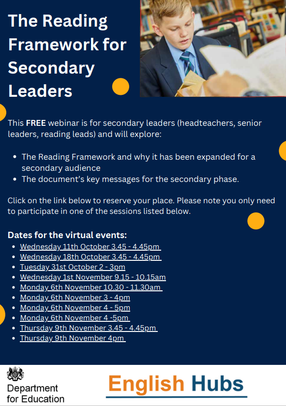 FREE Secondary Strategic Webinar on revised Reading Framework · Monday 6th November 4-5pm Ramsbury will be hosting the twilight session on 6th November 4-5pm. Booking essential: forms.office.com/e/VBzdhTtX7C @ramsburyenghub