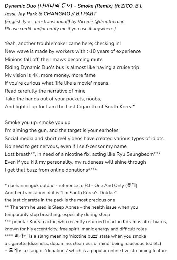 droptheroar's tweet photo. 🎵 Dynamic Duo – Smoke (Remix) // B.I PART 🎵 

My translation and interpretation of lyrics to English. That was a journey xD I'm not completely sure in some parts but I hope you get the gist of his rap anyway!

#Hanbin #비아이 #김한빈 #BI
#다이나믹듀오 #Dynamicduo #SmokeRemix https://t.co/M2rulsbVko