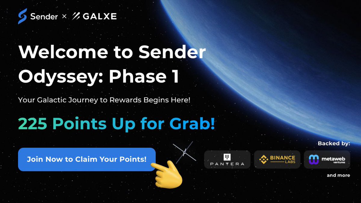 🪐 Sender's Wallet Odyssey: Phase 1 🪐

<a href="/SenderWallet/">Senderwallet</a>  Multi-chain wallet backed by <a href="/BinanceLabs/">Yzi Labs</a> and <a href="/PanteraCapital/">Pantera Capital</a>

1️⃣ Open Galxe : galxe.com/SenderWallet/c…

2️⃣ Connect Wallet
3️⃣ Join Telegram Group
4️⃣ Follow Twitter and Retweet
5️⃣ Complete All Tasks

Evaluation:
It's time to