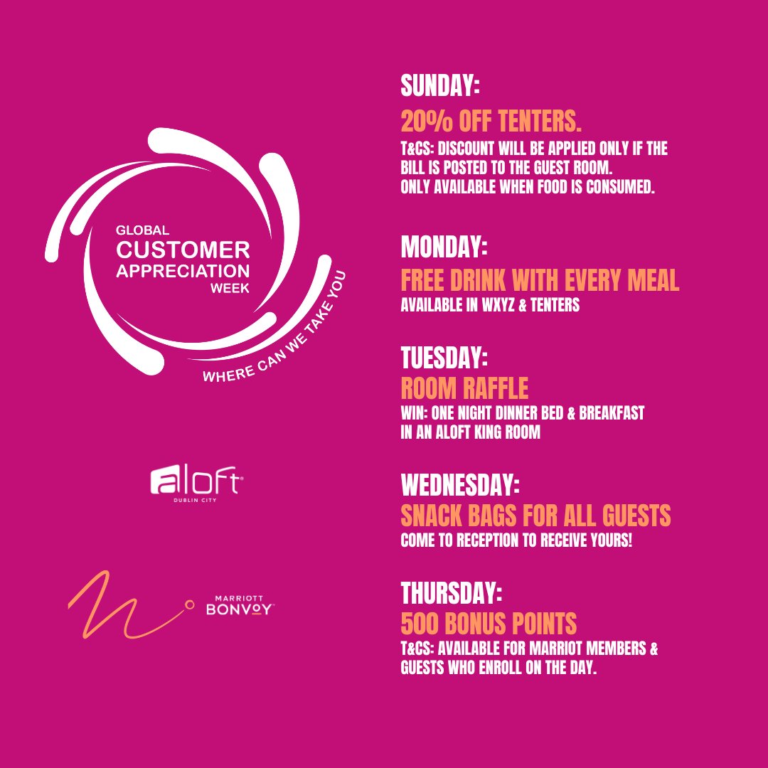 Global Customer Appreciation Week

A small way to say thanks to all our amazing guests. keep an eye out this week, as we have some nice deals, giveaways and much much more starting today and running till Thursday the 10th November.
#MarriottBonvoy #globalcustomerappreciationweek