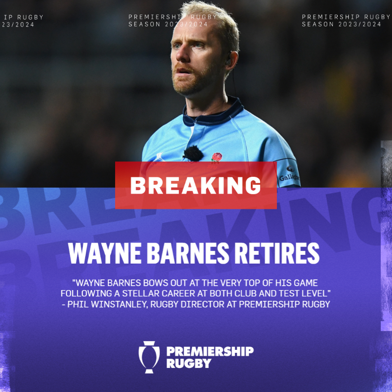 premrugby's tweet photo. An outstanding career 👏

Wayne Barnes has announced his retirement from refereeing after taking charge of 111 Test matches and 272 #GallagherPrem fixtures.

Tap below to read our statement ⤵️