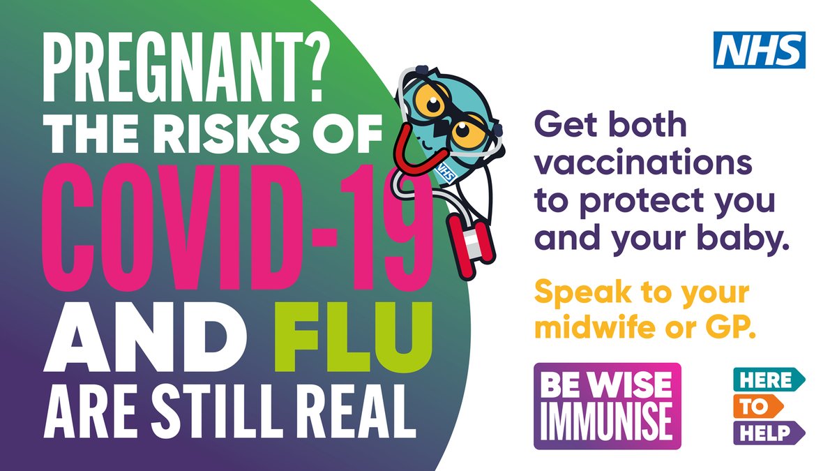 Getting vaccinated against COVID-19 & flu protects you & your baby.

It's safe to have both vaccines at any stage of pregnancy - from the first few weeks up to your due date!

Speak to your GP or midwife for more information.
Find out more: nhs.uk
#BeWiseImmunise