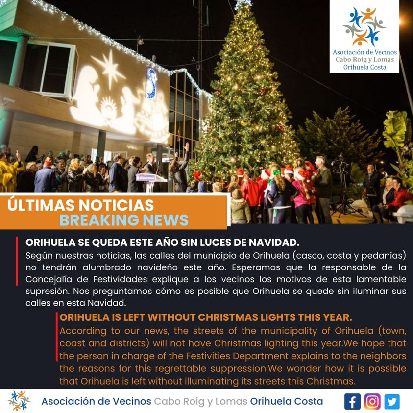 AsociacionVCRL's tweet photo. Parece que Orihuela no tendrá luces de Navidad este año. 
Sólo se instalarán árboles de Navidad en el ayuntamiento (ciudad y en la costa)

It appears like Orihuela will not have Christmas lights this year. 
Only Christmas trees will be installed in the town hall (city and coast) https://t.co/sBF7qS360L