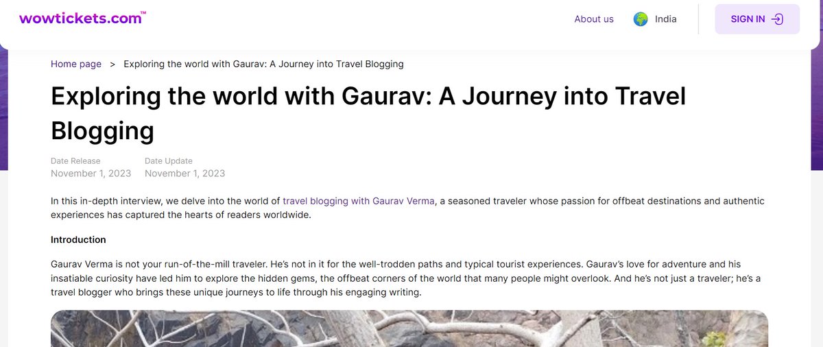 Delighted to get featured as a #TravelBlogger on WowTickets.com.

wowtickets.com/in/blog/articl…

#tripplanner #luckyvagabond #travellife #travelblogger #interview #offbeatenpath #wowtickets #Ticketing #startups @WowTicketsBr