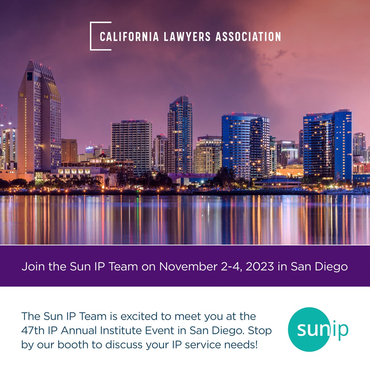 sunip_llc's tweet photo. The Sun IP team looks forward to meeting you at 47th IP Annual Institute in San Diego. Stop by our booth and discuss your IP service needs with Debbie and D'Andrea.

Follow us on LinkedIn, visit https://t.co/CaS5USw0oK or call (215) 344-7800 to find out more.

#sunip #ip https://t.co/CuoRNHhvsA