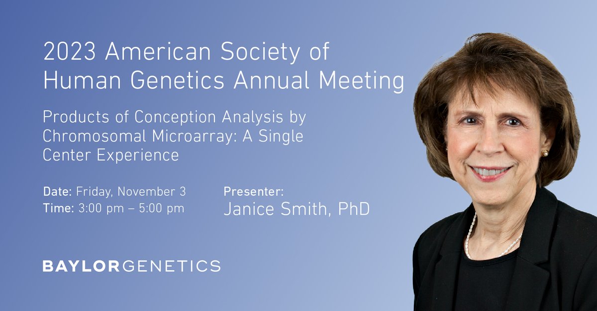BaylorGenetics's tweet photo. Today at #ASHG23, Dr. Janice Smith, Sr. Director of Cytogenetics, will be presenting the findings of a study that compares conventional chromosome analysis with chromosomal microarray analysis in products of conception.
Learn more: https://t.co/W3rGAqDHOR
#ThinkBG #BGreat https://t.co/fJr3oRUBzF