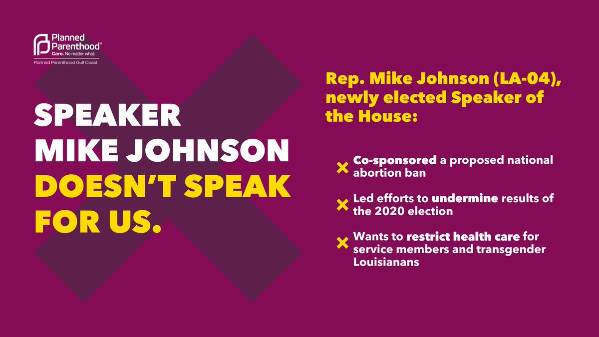 PPGulfCoast's tweet photo. PPGC is deeply disappointed in the recent selection of Louisiana Rep. Mike Johnson as Speaker of the U.S. House of Representatives. He does not speak for us. 🙅
#Louisiana #NotOurVoice #NotOurRepresentative https://t.co/wz86NN6Jnp