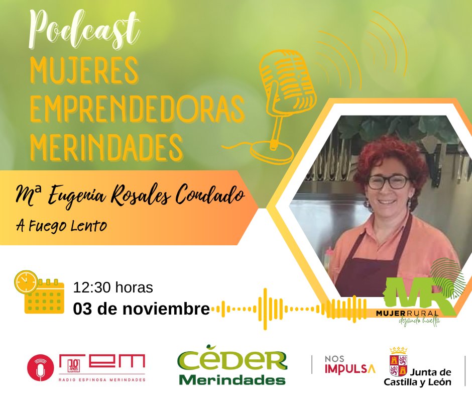 CEDERmerindades's tweet photo. 📣Viernes 3 de noviembre, a las 12:30h entrevista en @radioespinosame a Mª Eugenia Rosales Condado – A Fuego Lento
#MujerRural #estrategiamujerrural #redpame #emprendedorarural
#estrategiaemprendimientomujerruralcyl #DesarrolloRural #liderazgofemenino #Merindades https://t.co/TB6UGaJCZd