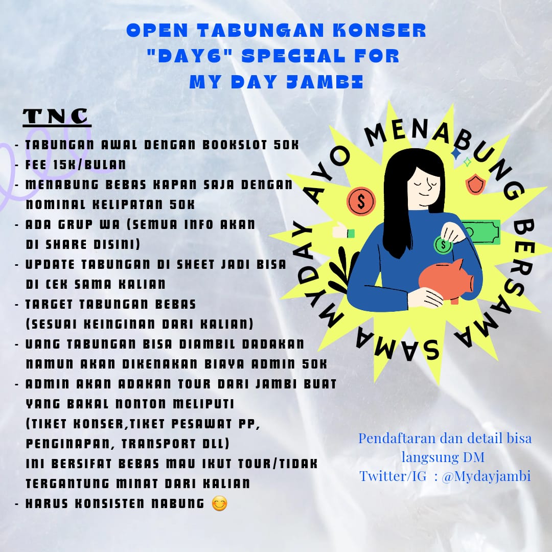 mydayjambi's tweet photo. โจMY DAY JAMBI OPEN TABUNGAN KONSER DAY6 2024 โจ
โ๏ธ TNC TERTERA PADA POSTER
MORE INFO PLEASE DM OUR CONTACT PERSONS
IG/Twitter : mydayjambi
#mydayjambi #day6 #Sungjin #Youngk #Wonpil #Dowoon #kpopersjambi #kpopjambi #๋ฐ์ด์์ค #myday #mydayindonesia #mydayina #findingmyday https://t.co/78pMNv1Tli