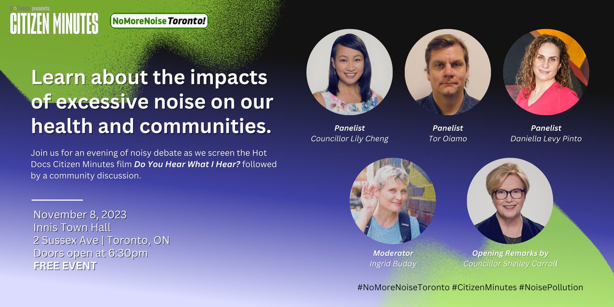 How much noise is too much noise? Looking forward to this impact screening event featuring <a href="/HotDocs/">Hot Docs</a>#CitizenMinutes ' film  "Do You Hear What I Hear?":
RSVP for FREE here: eventbrite.ca/e/noise-how-mu…

<a href="/LilyCheng/">Lily Cheng</a> <a href="/Torsalias/">Tor H. Oiamo</a> <a href="/DaniellaLevyP/">Daniella Levy-Pinto</a> <a href="/sippindata/">Ingrid - No More Noise Toronto</a>