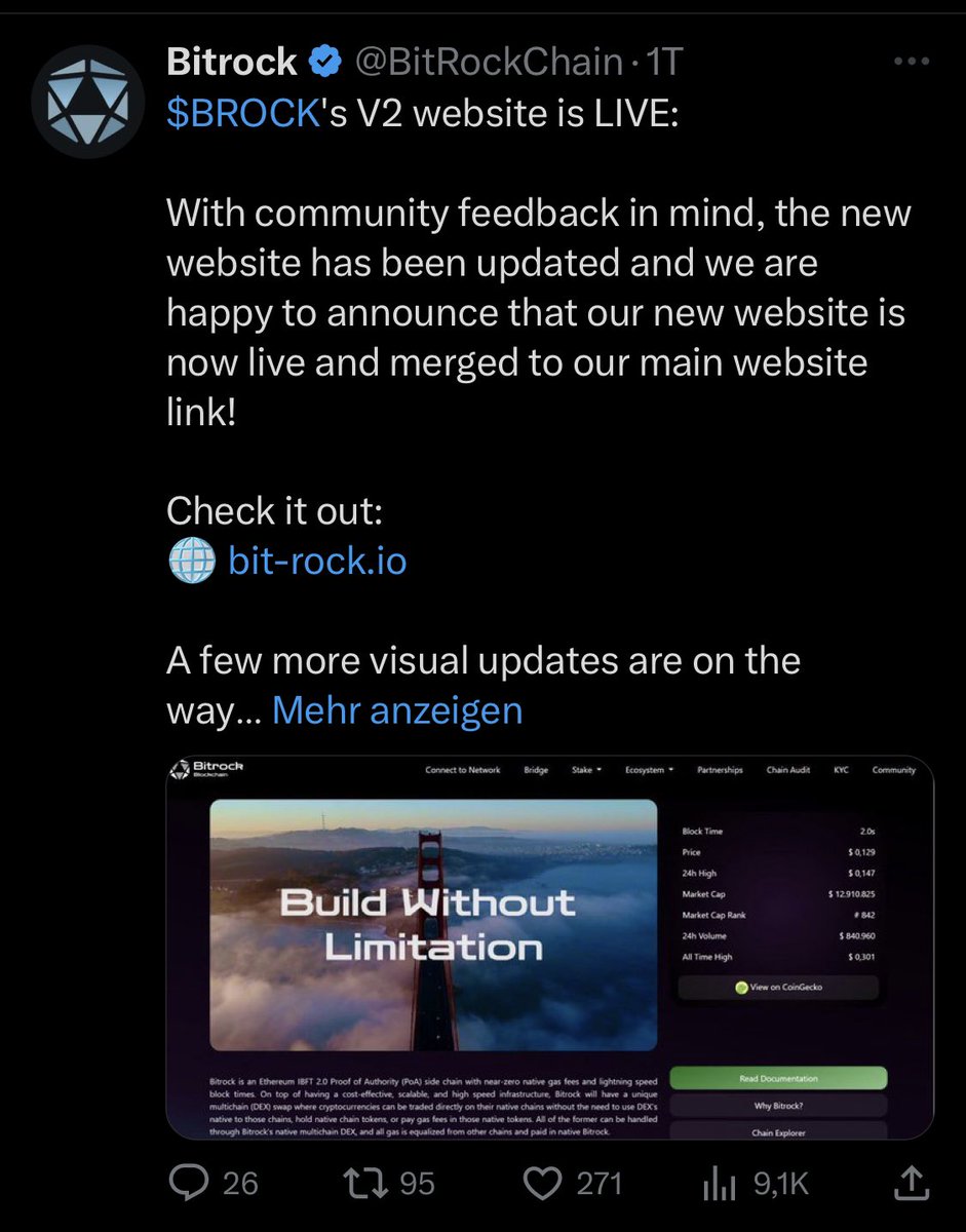 RuggedWojak's tweet photo. I’m super bullish on $BROCK @BitRockChain 🎉

This team is delivering without rest 🔥

💥 Growing ecosystem 
💥 Updated website 
💥 Trending of CMC and more.

And have in mind they are a relatively fresh project with all tokens in circulation 🔥

I see the as one of the best $MATIC competitors 🚀