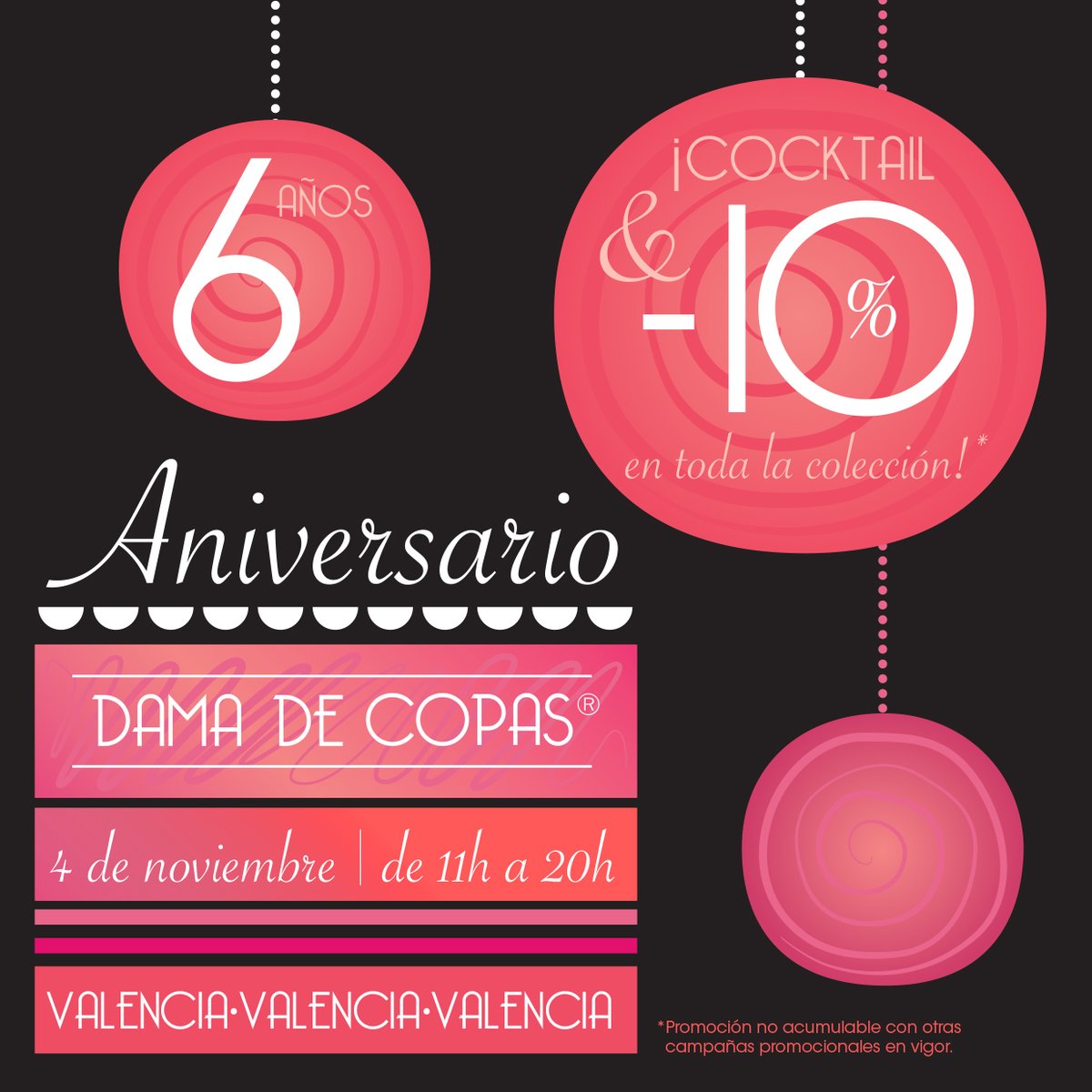 ¡Dama de Copas Valencia cumple 6 años! 🎂

No podíamos no celebrar esta fecha tan especial contigo, por eso, visítanos el sábado 4/11/23 en la calle Calle Cirilo Amorós 71 de 11h a 20h. Disfruta del cocktail, los regalos seguros con tu compra y ¡Un -10%* en toda la colección!