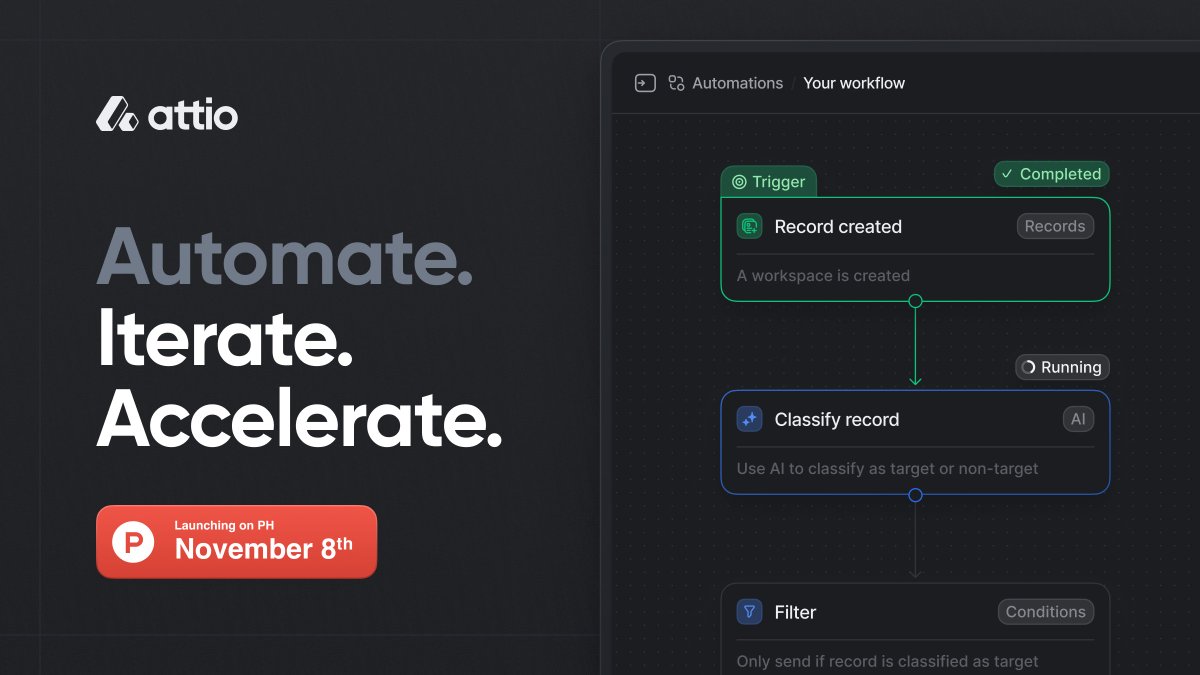 attio's tweet photo. Big news! This Wednesday we're launching Automations, the next evolution of Attio, on @ProductHunt 🚀

Automations allows you to build &amp; automate any process or system for your GTM team in Attio.

If you'd like to support us, reply here and we'll DM you a link on launch day! https://t.co/9aqwysnvkB