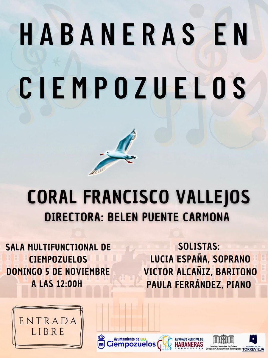 AytCiempozuelos's tweet photo. Mañana 5 de noviembre recibimos a la Coral Francisco Vallejos que llega desde Torrevieja, bajo la dirección de Belén Puente Carmona, para ofrecer el concierto gratuito ‘Habaneras en Ciempozuelos’.

📍 Sala Multifuncional
⏰ 12:00h.

¡No te lo pierdas! https://t.co/IxqSFzczFe
