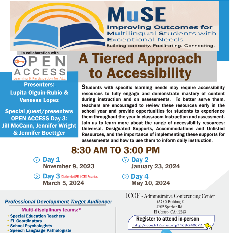 el_swd's tweet image. There's still time! Join us for a FREE PD opportunity, "A Tiered Approach to Accessibility," for all practitioners statewide. Register to attend virtually ➡icoe.k12oms.org/1168-240678 or in-person ➡icoe.k12oms.org/1168-240672 #CollectiveCommitment #DuallyIdentified #ICSELPA #MUSE