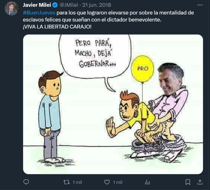 PERIODlSTAPERON's tweet photo. Hola @JMilei me parece que se te borró este tweet. Supongo que habrá sido por accidente. #BuenJueves https://t.co/ZP9LybePsv
