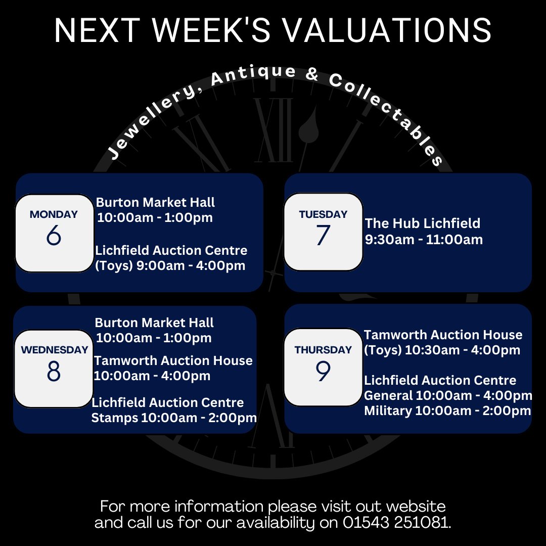 Dates for your diary!
Here is next weeks valuations dates with the location and times 😄
If you would like to book in please contact us on 01543 251081 🎉
#valuationdates #auctionvaluations #wheretofindus #valueitems