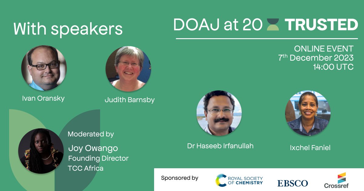 DOAJ (@doajplus) on Twitter photo Registration is open for #DOAJat20: Trusted🤩
Our Moderator <a href="/JoyOwango/">First of Her Name</a> from <a href="/tccafrica/">Training Centre in Communication (TCC Africa)</a> will lead a discussion with speakers <a href="/jbarnsby/">Judith Barnsby</a> <a href="/ivanoransky/">Ivan Oransky</a> <a href="/imfaniel/">Ixchel M. Faniel</a> and <a href="/hmirfanullah/">Dr Haseeb Irfanullah | ড. হাসীব ইরফানুল্লাহ্</a> on the theme of Trust in #ScholComms and #OpenAccess
us02web.zoom.us/webinar/regist… Registration is open for #DOAJat20: Trusted🤩
Our Moderator <a href="/JoyOwango/">First of Her Name</a> from <a href="/tccafrica/">Training Centre in Communication (TCC Africa)</a> will lead a discussion with speakers <a href="/jbarnsby/">Judith Barnsby</a> <a href="/ivanoransky/">Ivan Oransky</a> <a href="/imfaniel/">Ixchel M. Faniel</a> and <a href="/hmirfanullah/">Dr Haseeb Irfanullah | ড. হাসীব ইরফানুল্লাহ্</a> on the theme of Trust in #ScholComms and #OpenAccess
us02web.zoom.us/webinar/regist…