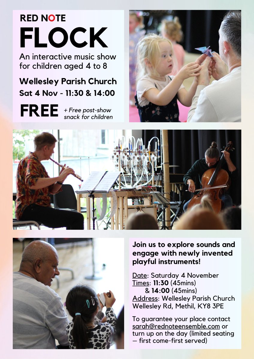 Our FREE family-friendly show FLOCK is coming to Methil in 2 days🤩
If you know any families in the area please share!

The event will be held at Wellesley Church Centre on Sat 4 Nov - it's free and post-show snacks will be provided! 
More info: rednoteensemble.com/event/flock-in…