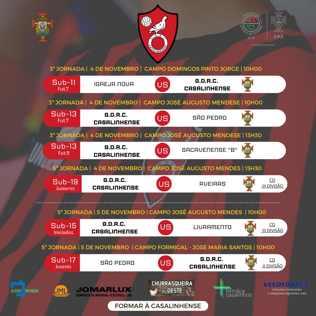 📷  AGENDA DESPORTIVA - vem apoiar-nos! 📷
📷  4 e 5 de Novembro
Contamos com o teu apoio é fundamental.
#soucasalinhense #unidoslutamosparavencer #formacaocasalinhense
