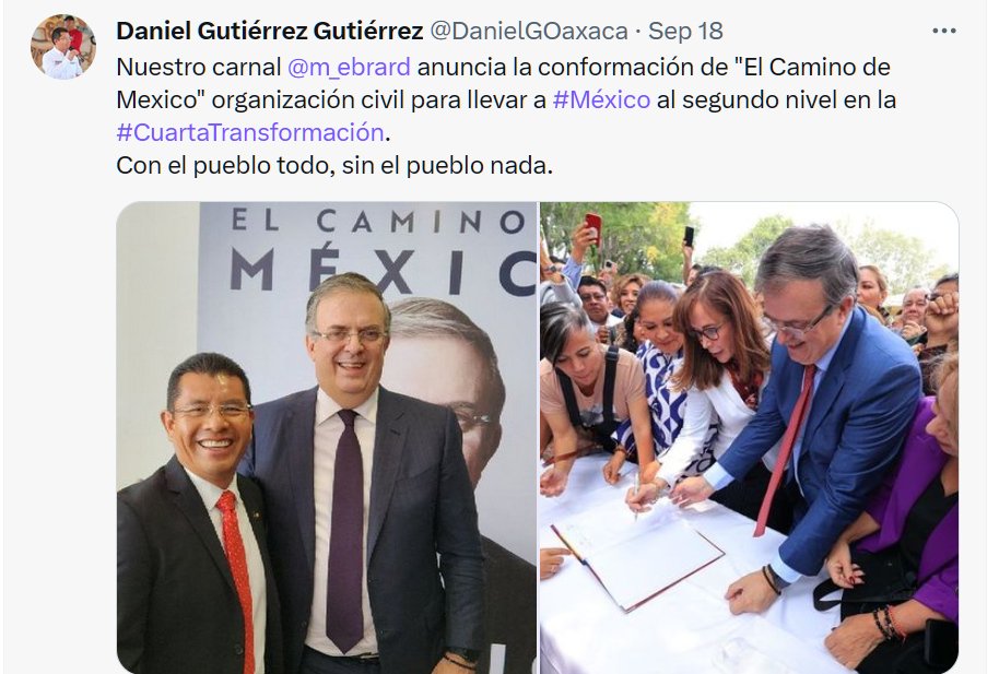 <a href="/DanielGOaxaca/">Daniel Gutiérrez Gutiérrez</a> <a href="/senadomexicano/">Senado de México</a> <a href="/PartidoMorenaMx/">Morena</a> <a href="/CEEmorenaOax/">Morena Oaxaca</a> <a href="/BenjaViverosOax/">Benjamín Viveros</a> <a href="/mario_delgado/">Mario Delgado</a> <a href="/ALEIDAALAVEZ/">Aleida Alavez Ruiz</a> <a href="/leonelgodoy/">Leonel Godoy Rangel</a> <a href="/OperacionOaxaca/">Operación Oaxaca</a> <a href="/escuchaoax/">Escucha Oaxaca</a> <a href="/elcuenquenito/">El Cuenqueñito</a> Y el carnal, apa? Jajaja, che sotaquin