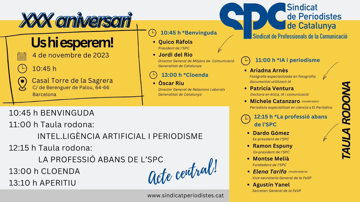 📢 XXX aniversari de l'SPC!
👉🏼 Aquest dissabte 4-N teniu una cita

🤗 No hi falteu!
#periodistes
#mitjansdecomunicacio
#comunicacio
#sindicat
👇🏼 #30anysSPC