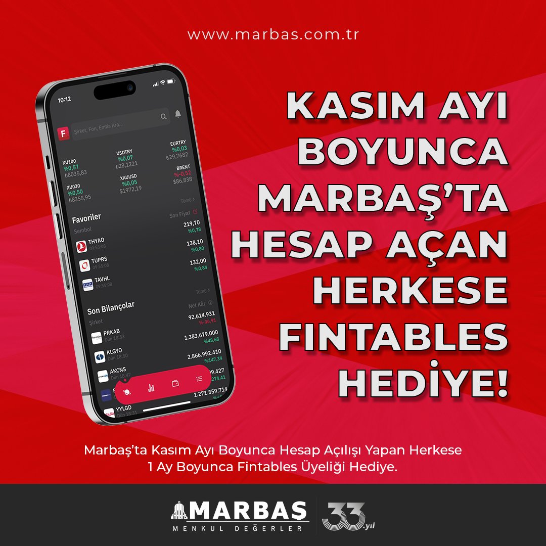 Kasım ayı boyunca Marbaş'ta hesap açan herkese 240₺ değerinde Fintables Pro (hem masaüstü hem de mobil) hediye ediliyor. 2023/3.çeyrek finansal tablolarının önemli kısmı gelecek hafta tamamlanacak. Böyle bir dönemde oldukça önemli. 

📍Ayrıca Marbaş müşterileri, Fintables mobil