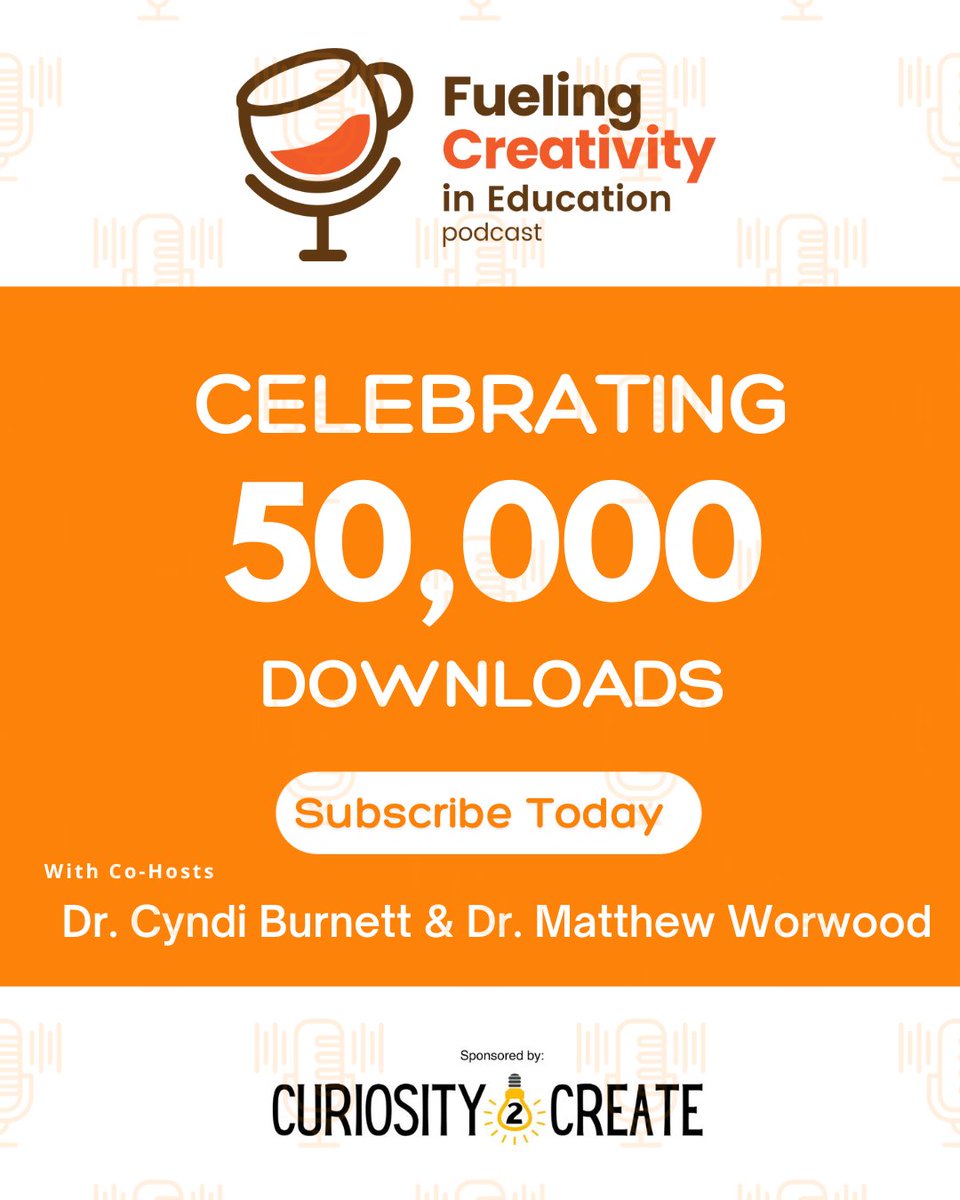 Cyndiburnett's tweet photo. The Fueling Creativity in Education has reached 50K downloads!  @Worwood and I are so grateful to all of our guests for helping to fuel the conversation to help bring creativity into education! https://t.co/Q0ucskaljK