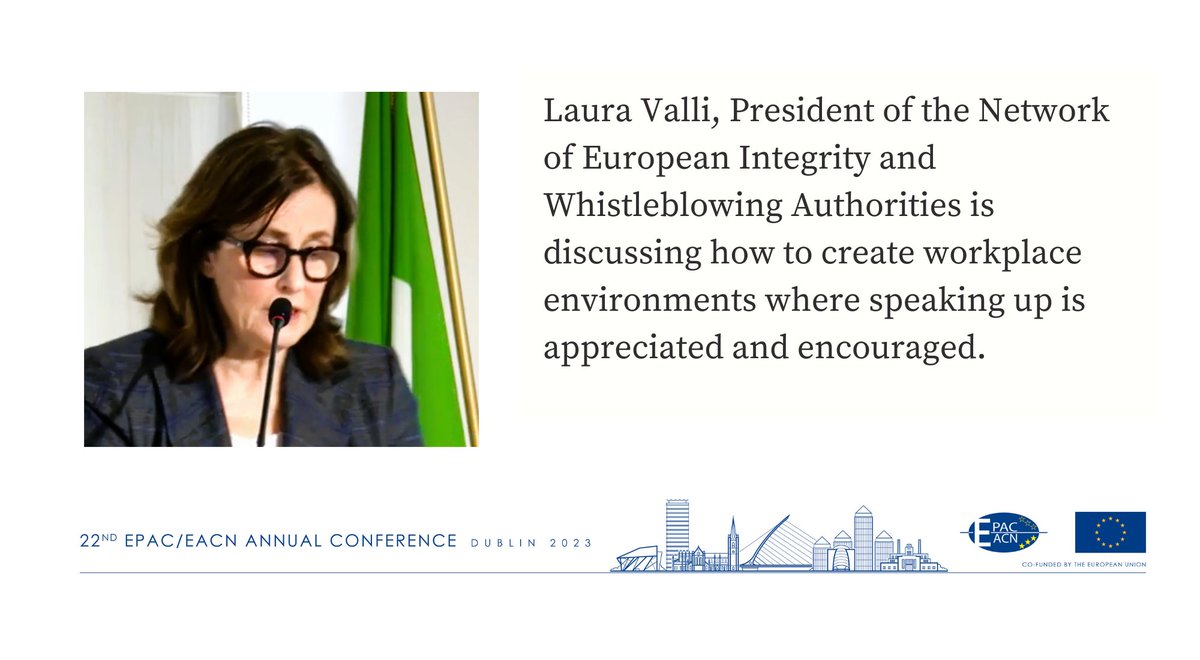 GardaOmbudsman's tweet image. Laura Valli, President of the Network of European Integrity and Whistleblowing Authorities, is currently presenting at #EPACEACN23