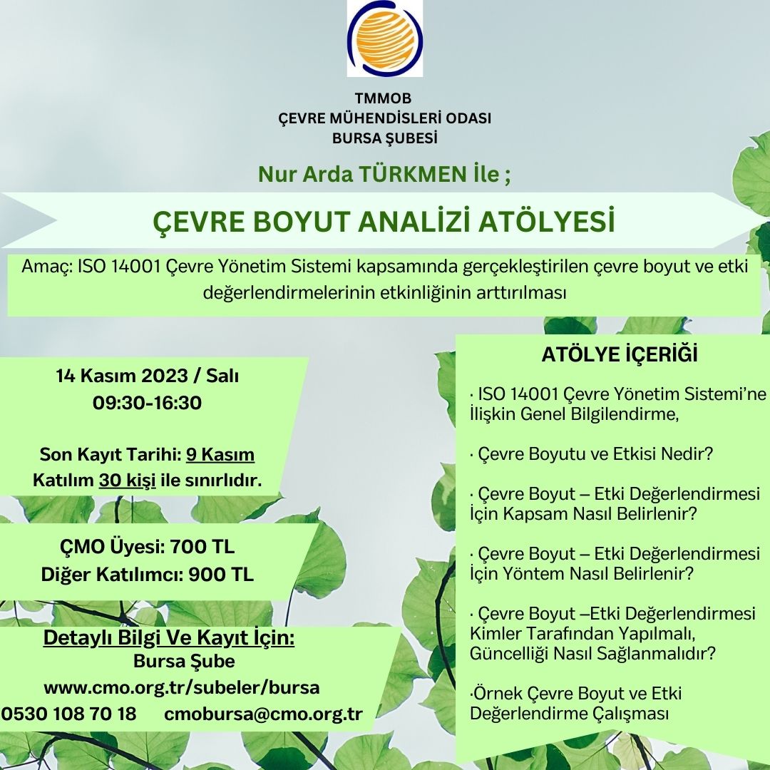 cmobursa's tweet photo. Nur Arda TÜRKMEN İle;
ÇEVRE BOYUT ANALİZİ ATÖLYESİ

14 Kasım 2023 / Salı
09:30-16:30

Son Kayıt Tarihi: 9 Kasım
Katılım 30 kişi ile sınırlıdır.

ÇMO Üyesi: 700 TL
Diğer Katılımcı: 900 TL

Detaylı Bilgi:
https://t.co/3gSKY8NxCr
0530 108 70 18 cmobursa@cmo.org.tr https://t.co/U1Qaonxvdn