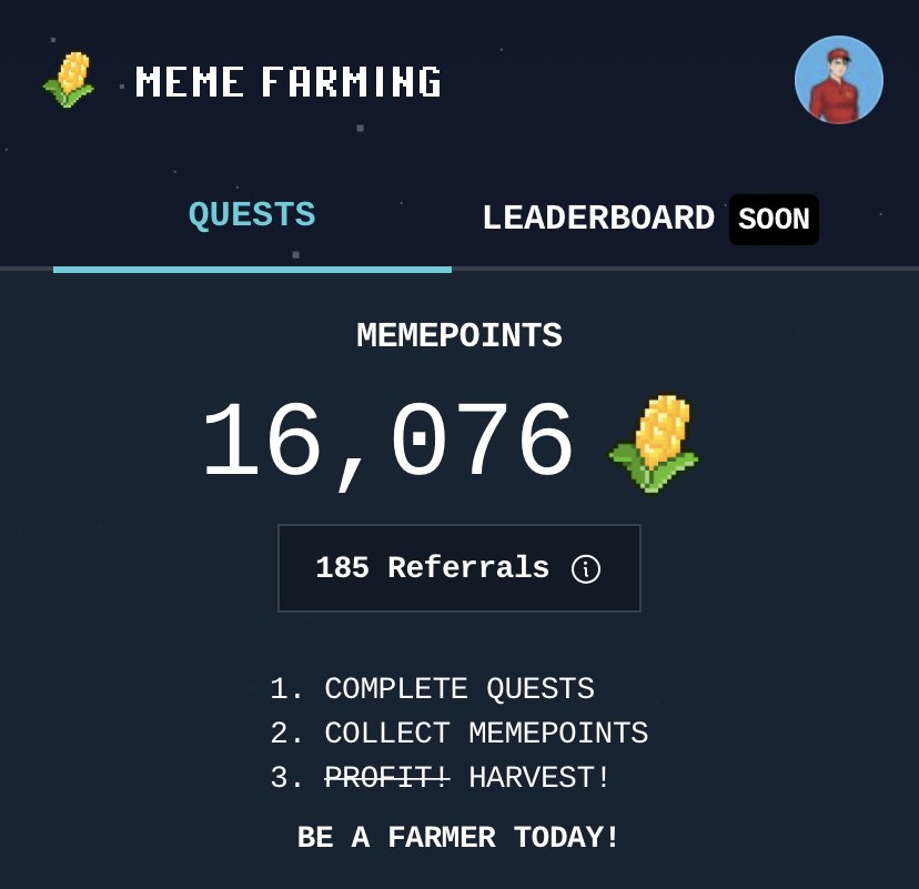 185 referals, thanks 🙏 the next step : 200 ! 
If you want to earn $meme do the missions on memecoin.org/farming and if you can't buy their nft, use my code Captainz 2542, 690 points each 🤝

Listing of $meme tomorrow on <a href="/binance/">Binance</a> !
