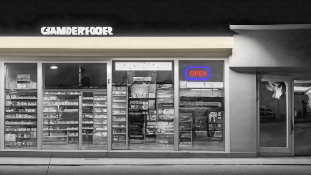 FCPaulJP's tweet photo. @Kindredlife1 Quick mockup of an idea with Adobe Firefly (storefront) + Photoshop (lighting, drawing/sketch style). Add relevant posters in the windows, adjust the view and you could have it tile left/right infinitely. Muted lights gives a little color w/o breaking monochrome too much. https://t.co/c2N65xxXNr