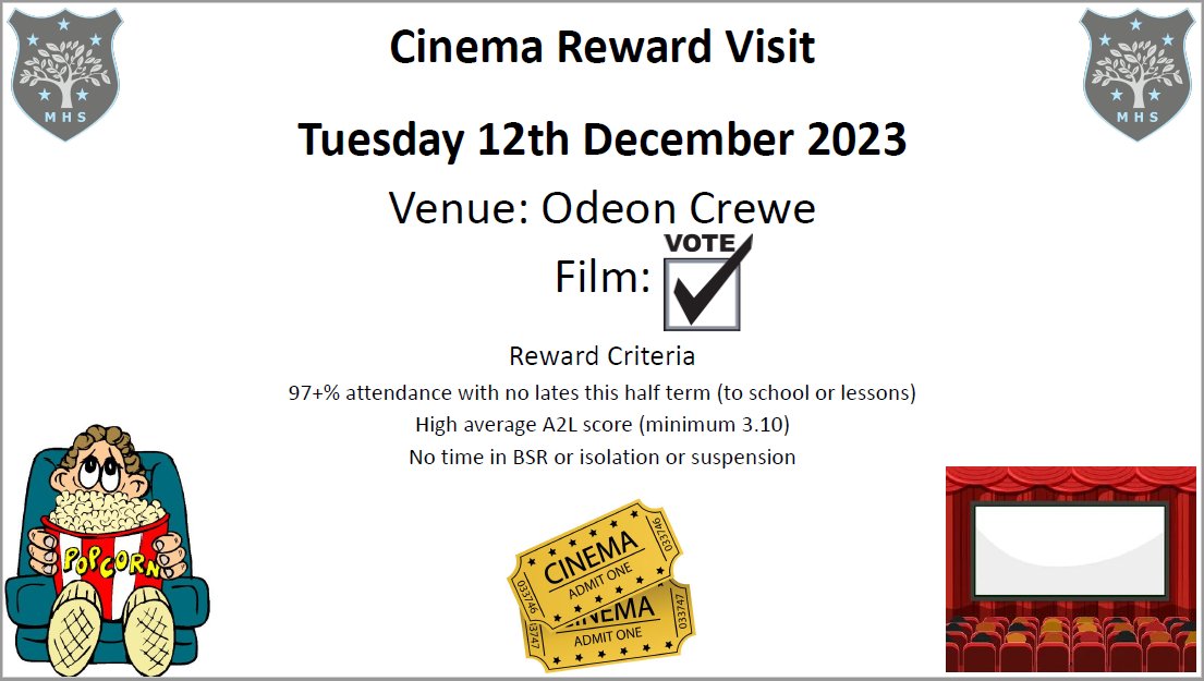 We are delighted to share with you the details of our Cinema Reward Trip which will be particularly rewarding excellent attendance and excellent attitude to learning across all Year Groups.
#mhsmoments