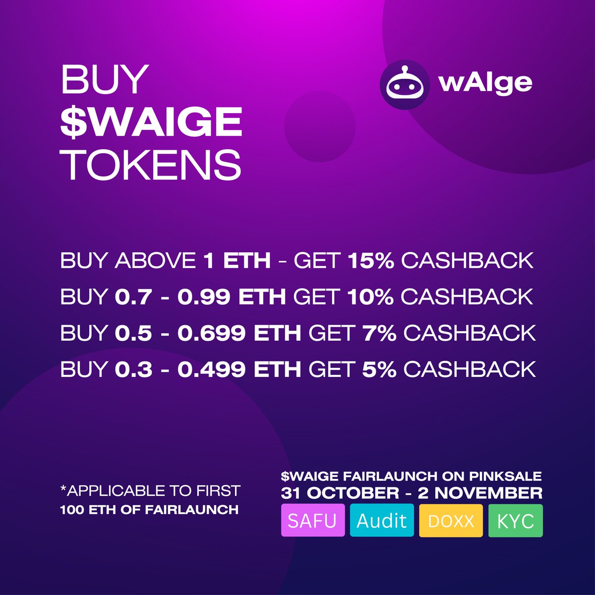 wAIge_Official's tweet photo. Last chance to buy $wAIge and get up to 15% cashback!

Applicable to first 100 ETH in the Fairlaunch 

wAIge Fairlaunch 30 minutes left! https://t.co/zlDrRGjtXk

#ethereum #eth #CryptoTwitter #token #erc20  #CryptoNews #token #launch #Pinksale #today #cryptocurrency #altcoin #AI